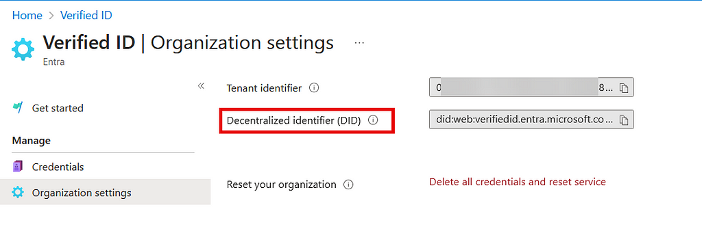 Image showing the DID in Verified ID organisation settings
