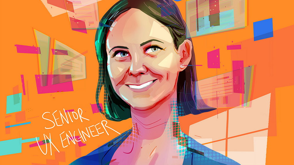 A digital portrait of a smiling Kelly beams with light. Skewed text reads “Senior UX Engineer.” Multi-colored squares float around her. She’s in front of a bright orange background.