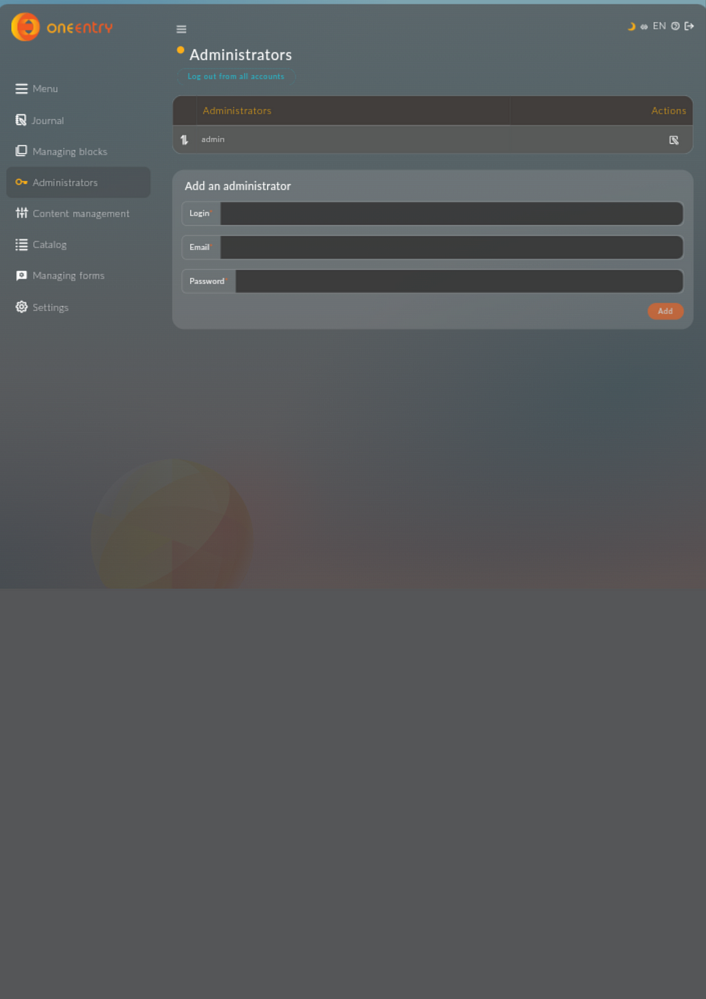 A screenshot of the Administrator dashboard