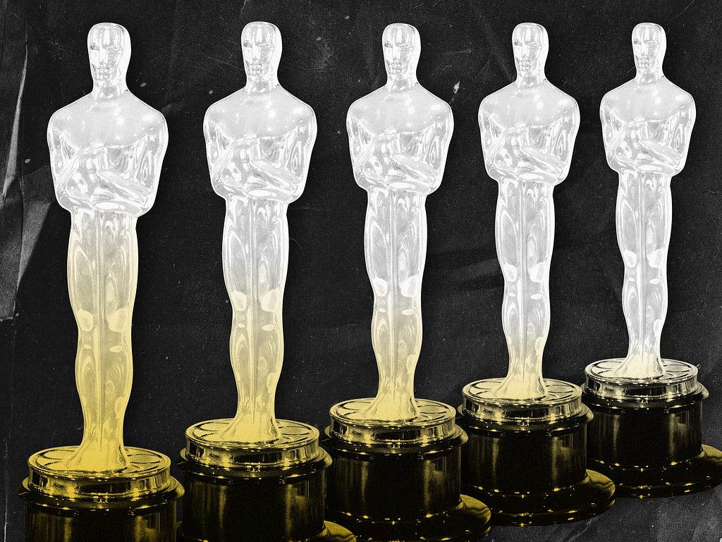 A line of Oscar trophies.
