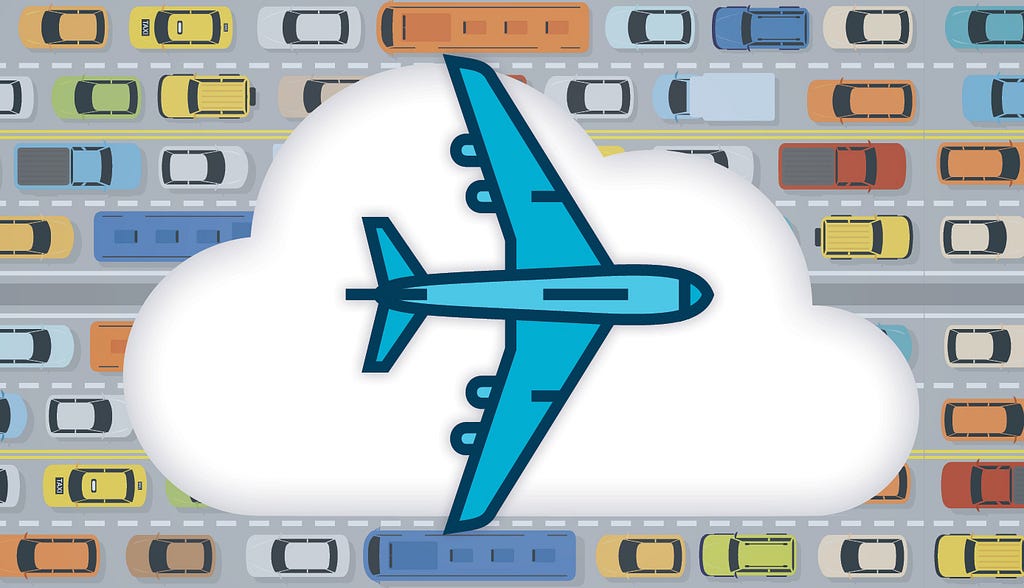 Drawing of freeway traffic. Superimposed over it is a blue plane superimposed over a cloud.