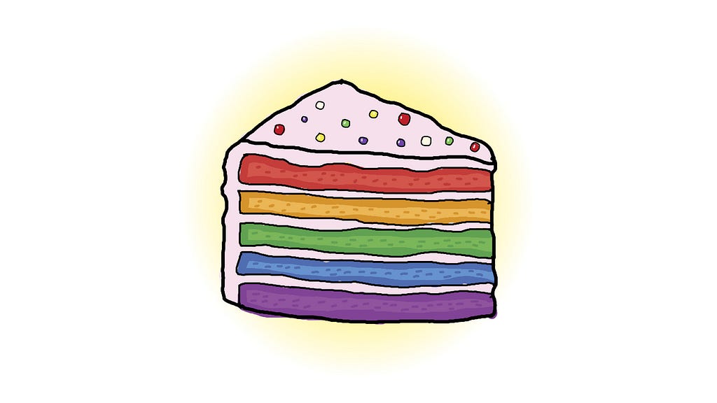 An illustration of a slice of rainbow cake composed of several layers, each with its own color.