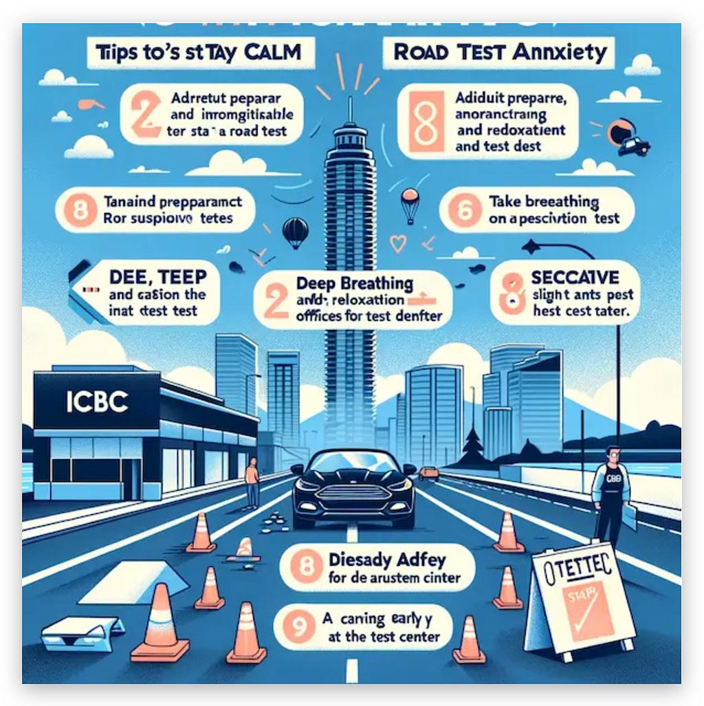 Infographic illustrating strategies for managing road test anxiety, including preparation, positive mindset, mock tests, relaxation exercises, sufficient sleep, diet advice, and arriving early at ICBC offices in Greater Vancouver.