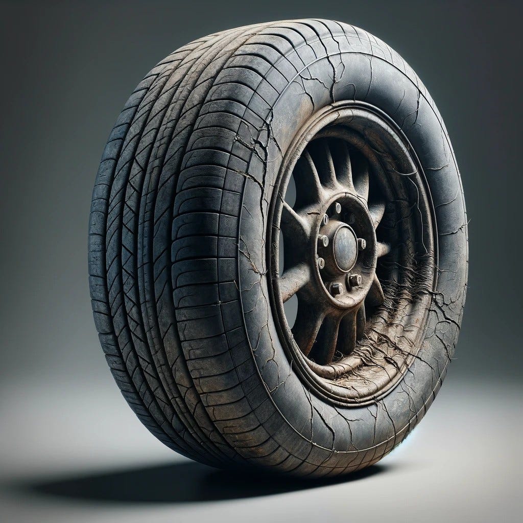 Aged tire with deep cracks and faded rubber on a simple background, highlighting its long history and exposure to elements in a garage or worn road setting.