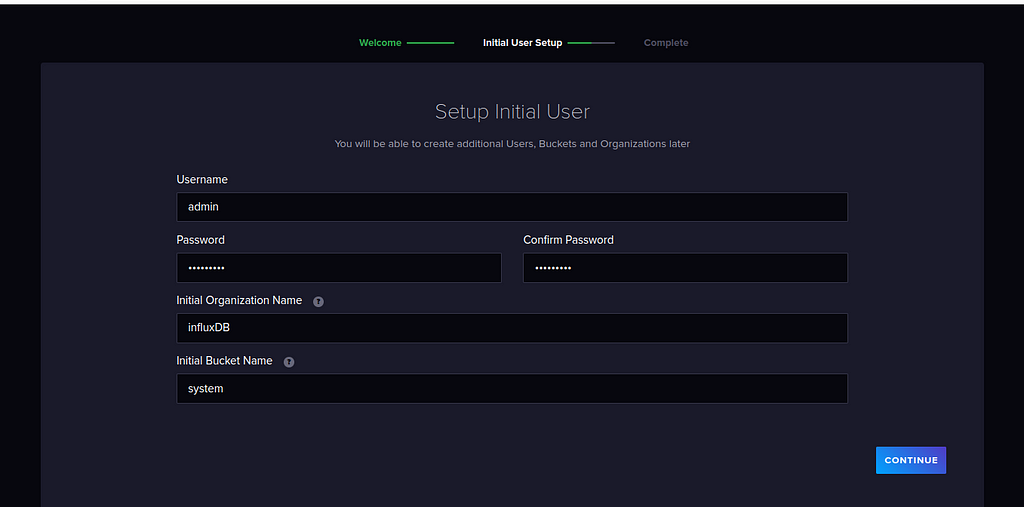 influxdb user set up screen