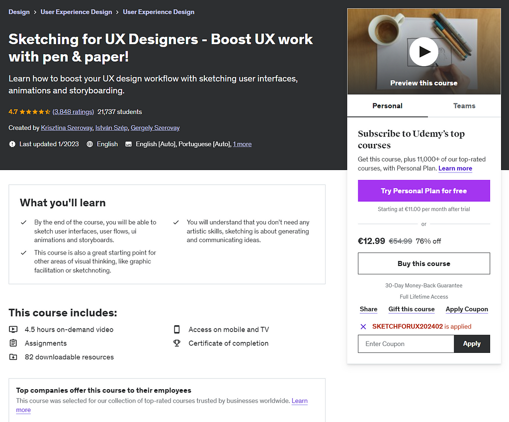 Sketching for UX Designers course on Udemy