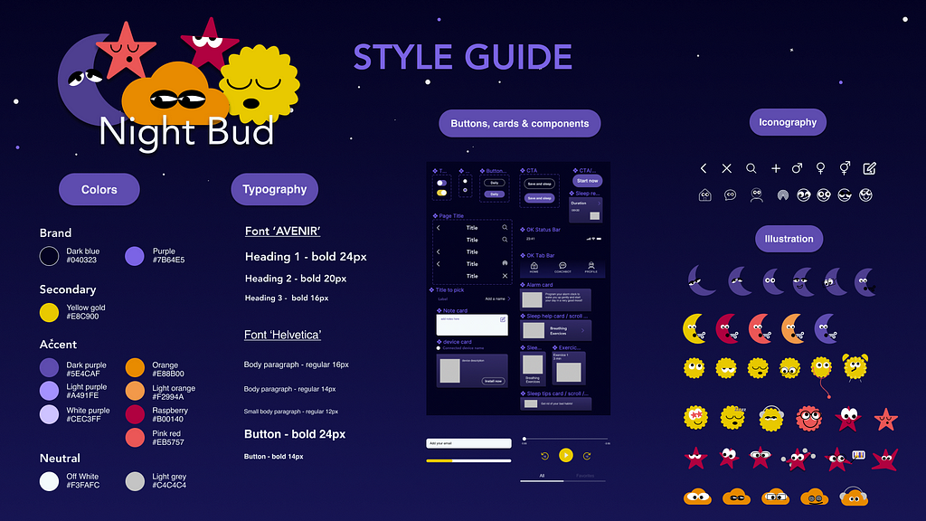 Night Bud style guide with colors, typography, components, iconography and illustrations