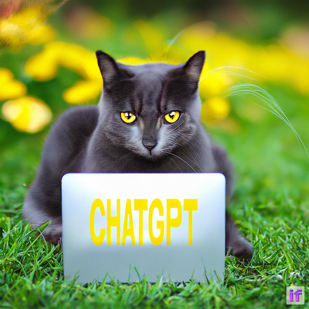Imagem de um gato na frente de um computador com ChatGPT escrito pelo modelo DeepFloyd IF da organização DeepFloyd na Hugging Face