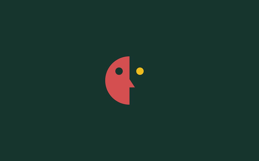 An abstract, geometric illustration of a simplified humanoid face in red, yellow, and dark green.