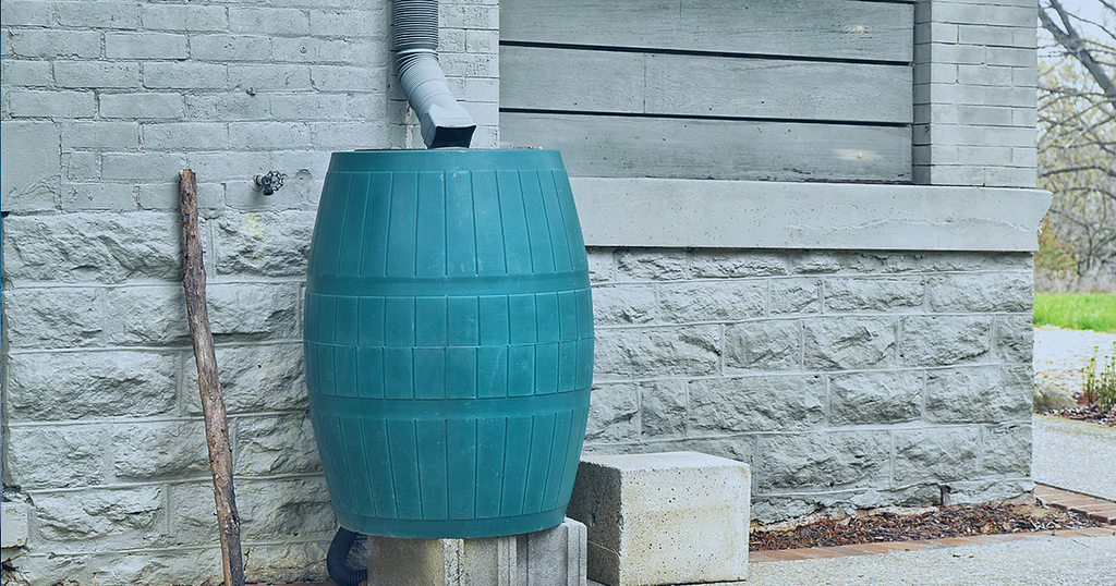 Picture showing a barrel positioned on a block underneath the gutter down pipe in order to collect rainwater