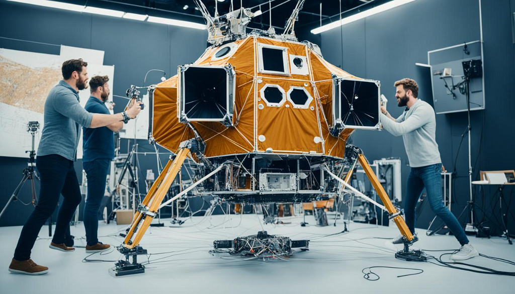 lunar module in a studio with visible strings and wires holding it up, while a group of people are watching from behind a camera.