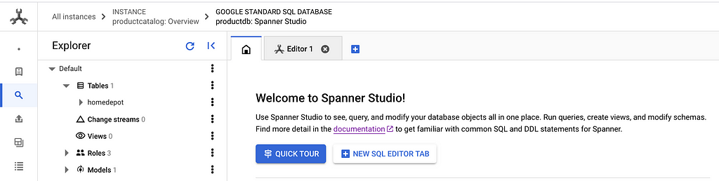 screenshot of Spanner Studio with Explorer menu on the left and SQL editor on the right.