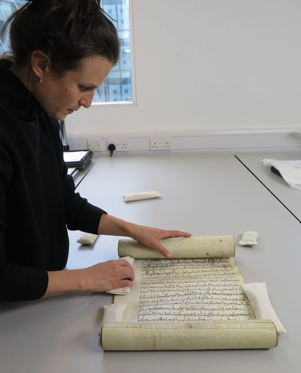 A conservator unrolling a small section of a tightly rolled parchment scroll by placing small soft archival cloth covered weights along the edges.