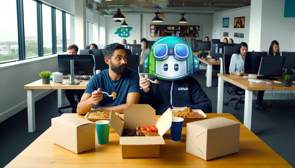 Two people sitting at a table eating takeway lunch together in an office environment. One of the people is the GitHub Copilot with a “GitHub” hoodie on.