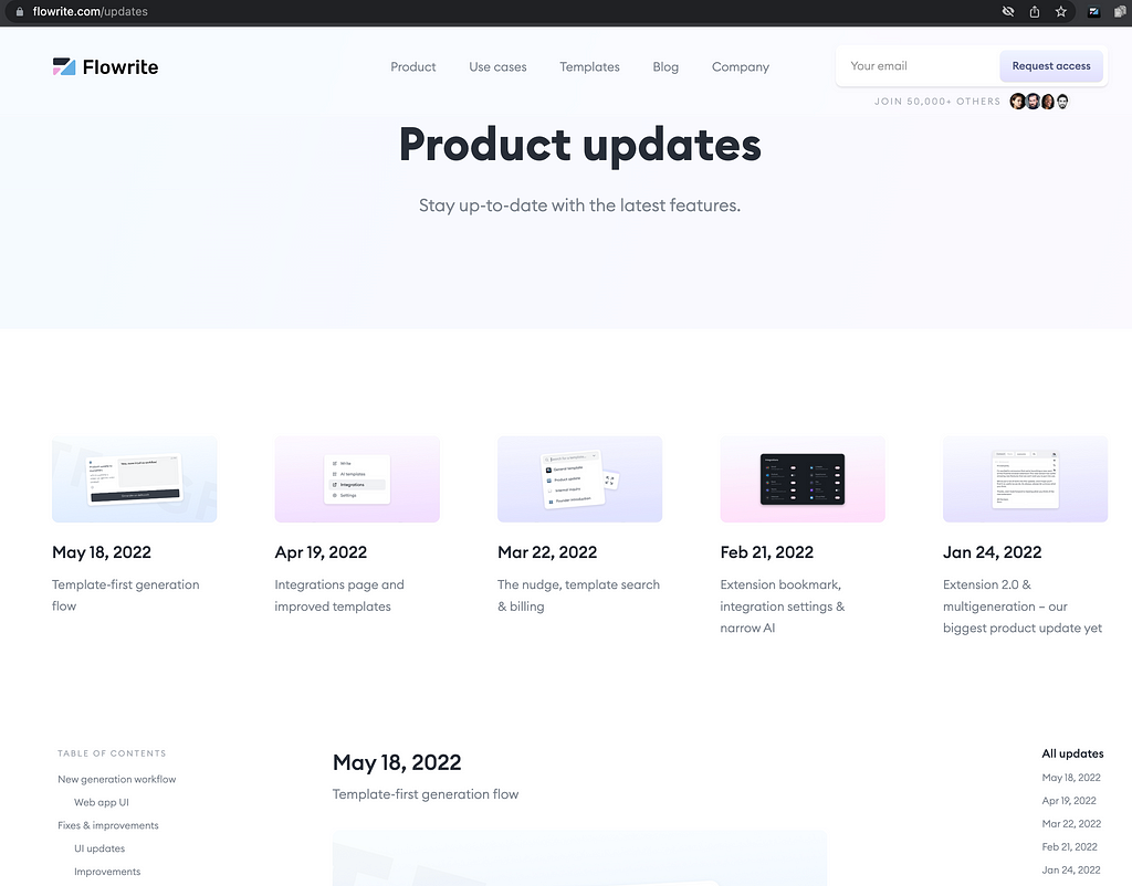 Screenshot of the product updates page.