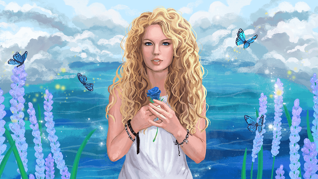 Taylor Swift fan art digital portrait blue sea and clouds background butterfly lavender blue rose