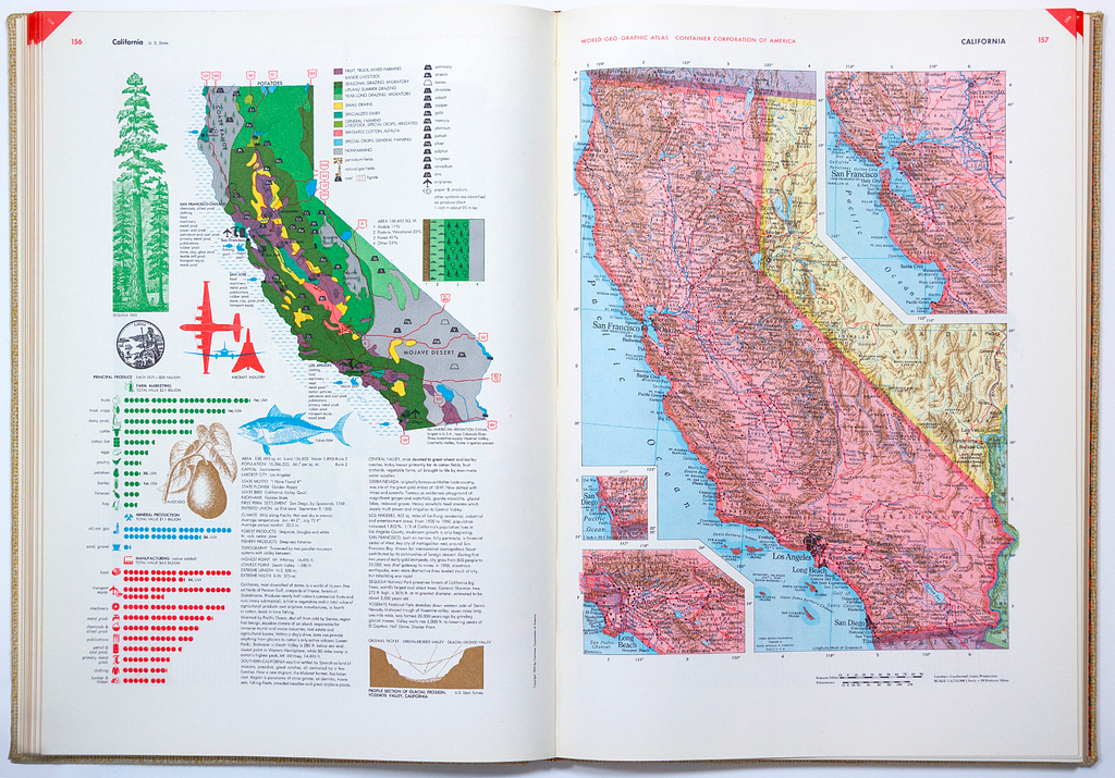 2 page spread of California map and illustrations with regional facts