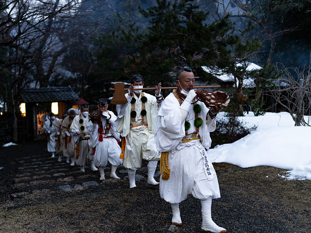 Yamabushi, otherwise known as Shugenja — the modern day version of the mountain ascetics of old who carry out the ritual together with the temple abbot.