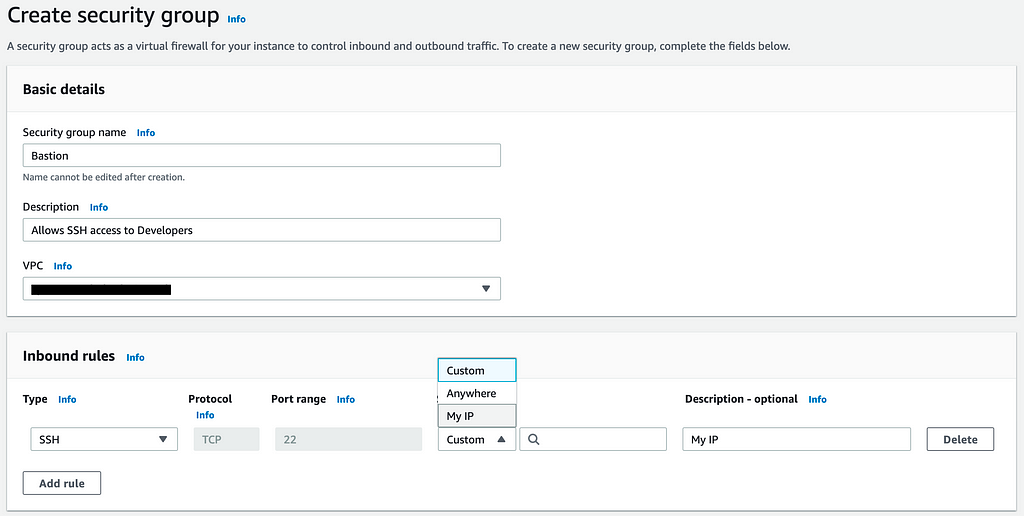 An image showing the menu for creating a security group in AWS