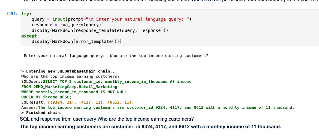 A Python code snippet and its output. The code demonstrates querying a database using the LangChain library to find out who the top income earning customers are. The result is also summarized in English, stating that the top income-earning customers have a monthly income of 11 thousand.