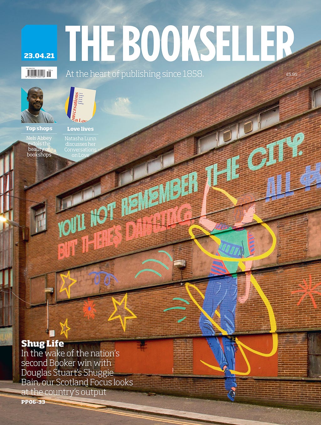 Front cover of The Bookseller #ScotlandFocus issue, featuring colour photo of the Shuggie Bain mural