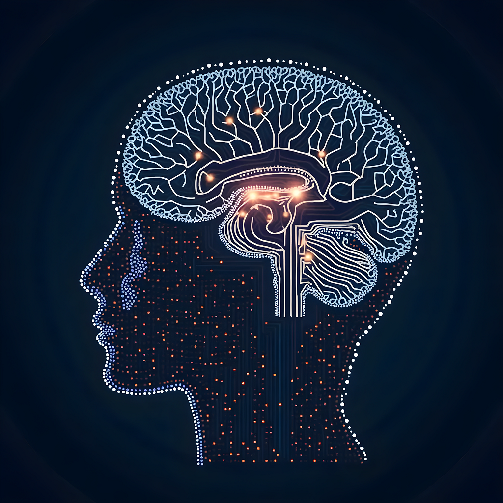 A digital representation of a human head, with a detailed white and blue brain inside. The brain is made up of interconnected lines and dots, with a few glowing orange dots scattered throughout.