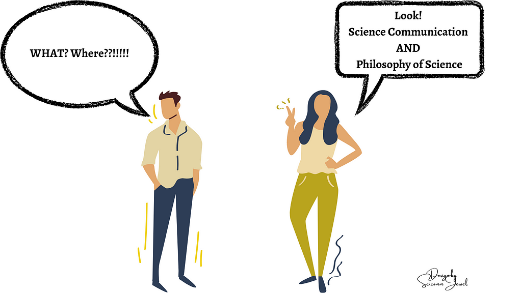 A generic drawing of a female figure and a generic drawing of a male figure standing together. The female figure has a square speech bubble that says: Look! Science Communication AND Philosophy of Science. The male figure looks away and has a round speech bubble that says: WHAT? Where?!!!!! The meme is meant to show that these two principles aren’t often seen as relevant to each other