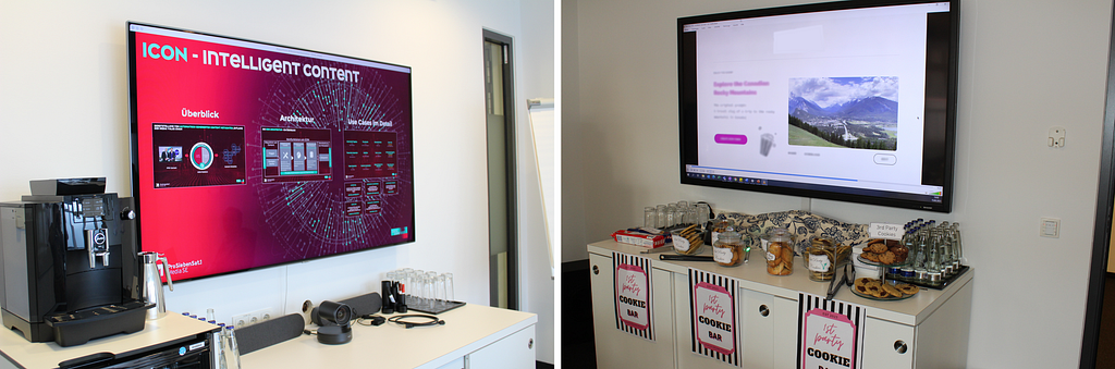 Picture 3 (left): Our in-house video mining platform “ICON” can be used for a variety of use cases. Amongst others, these include the automatic creation of transcripts and subtitles. Picture 4 (right): Our Data Strategy team even provided a cookie bar.