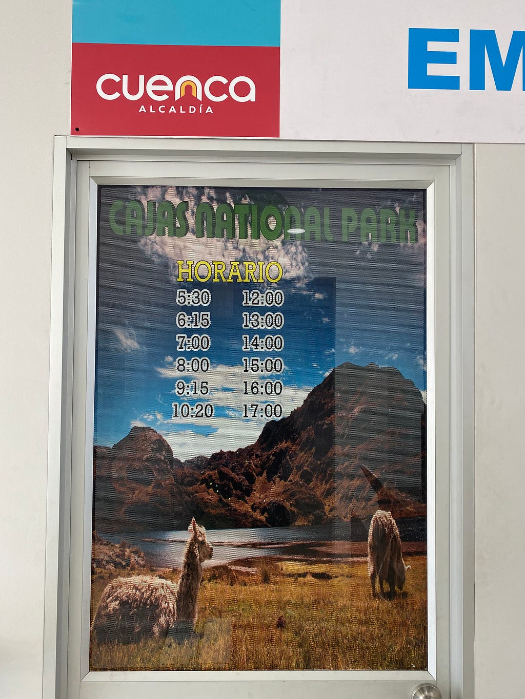 Posting of the bus Schedule to Cajas Park. Poster has several llamas standing in front of a brown mountain covered in grass.