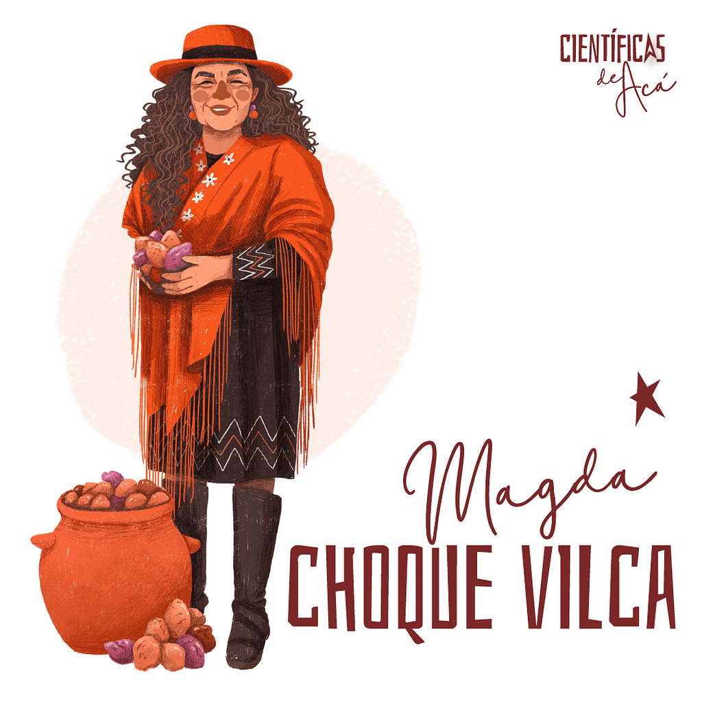 Ilustracion de Magda Choque Vilca. Viste de rojo, con un poncho típico y tiene botas marrones. Tiene papas en las manos
