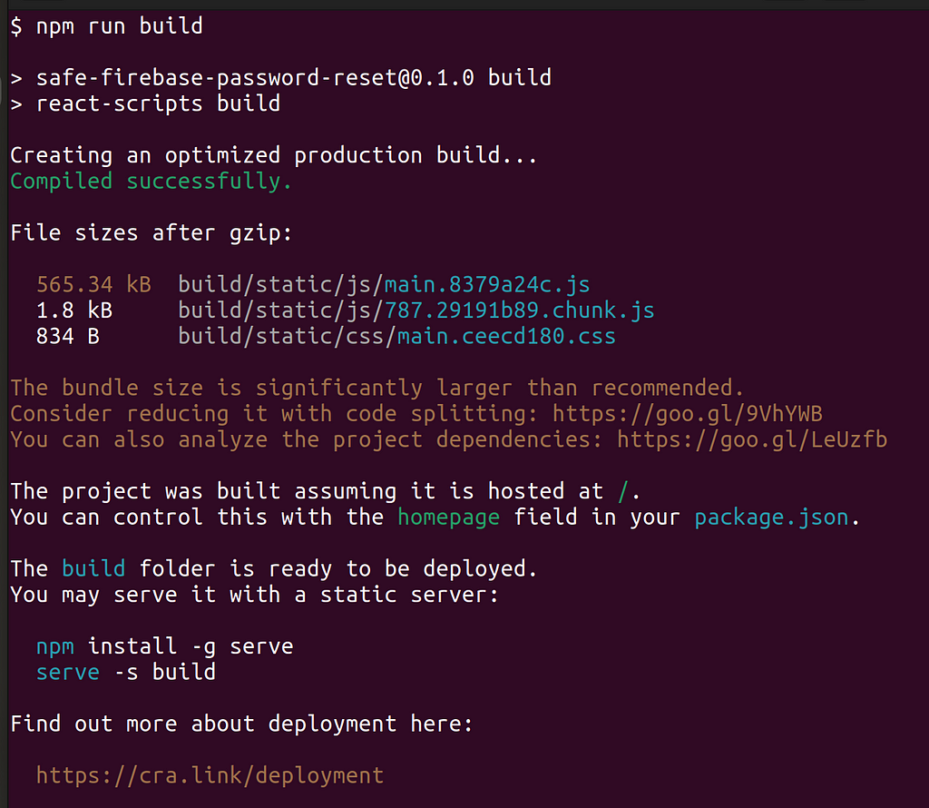 Console screenshot showing output of ‘npm run build’