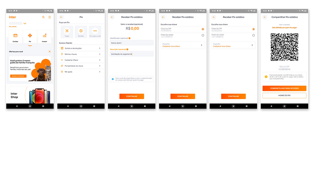 PRINTEI 6 telas do app do banco digital Inter, e inverti sua engenharia de jornada de usuário no processo de PIX, para este exemplo.