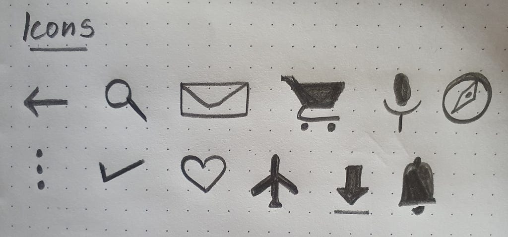 Common web and mobile icons — Back, search, email/message, shopping cart, microphone, compass, more, done/check, heart/like, flight mode, download, notification/bell icon