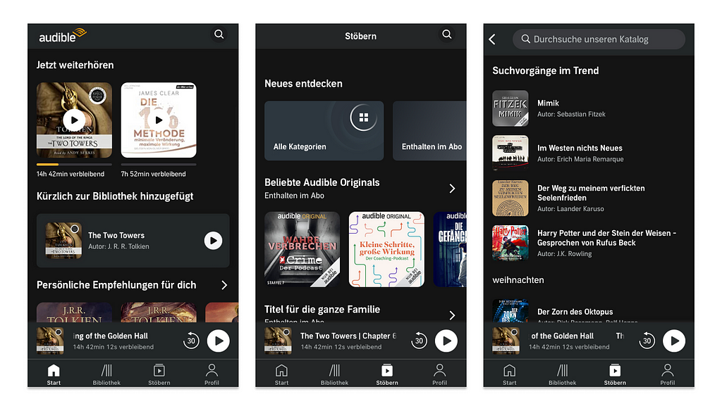 Screenshots of three different screens in the audible app.