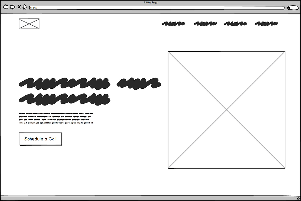 Landing page wireframe with text on the left and image on the right