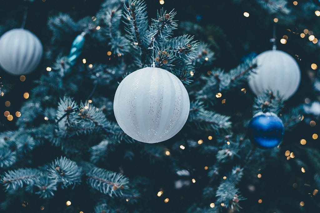 Photo of a Christmas Tree with white and blue baubles