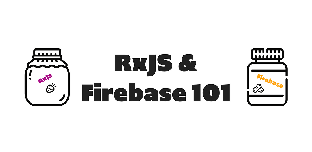 A jar of jelly with RxJS written on it, a jar of peanut better with Firebase on it. Then the title RxJS & Firebase 101.