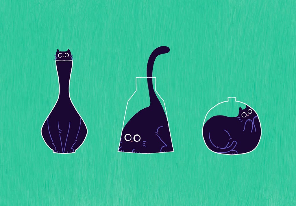 illustration of cats fitting in different container shapes like liquid