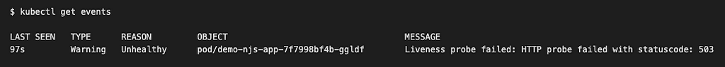 A screenshot of a terminal window with a failing liveness probe event