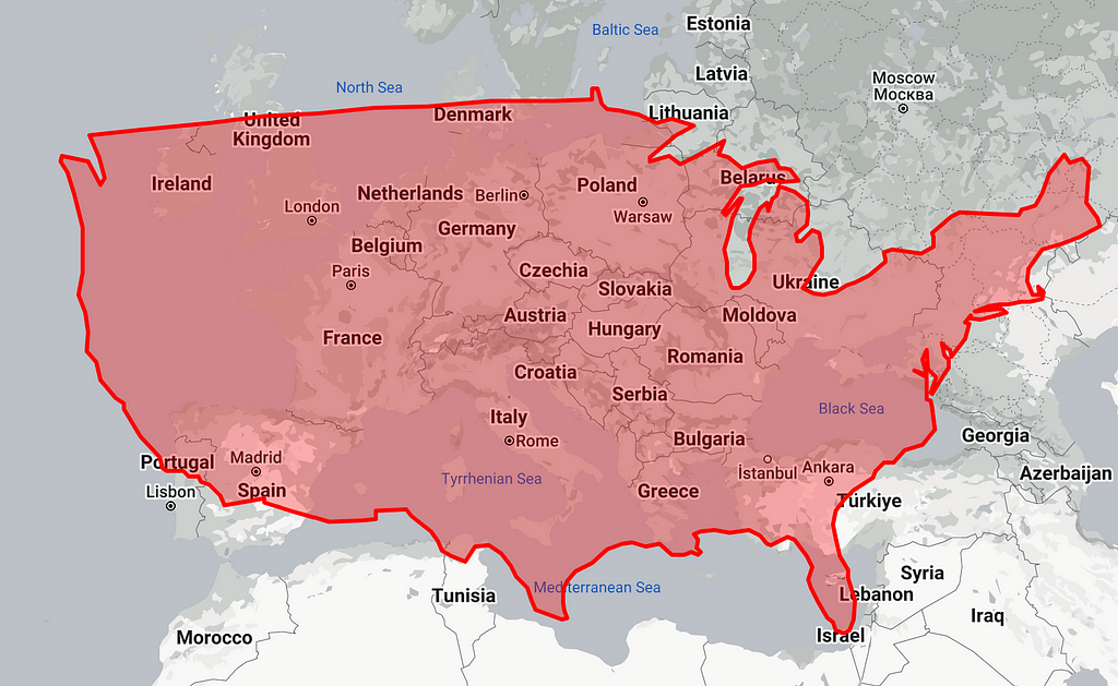 The US overlayed upon Europe showing its sheer size. It stretches from Ireland in the northwest and Lisbon in the southwest to Lithuania in the North and Tunisia in the south to Lebanon in the southeast and Russia in the northeast.