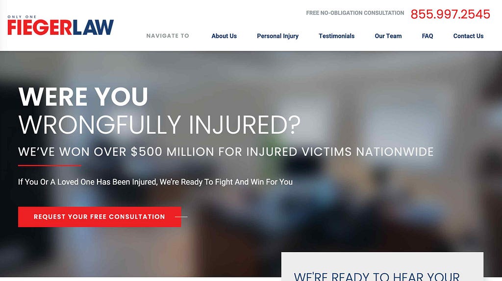 Screenshot of a law firm landing page that asks good questions.