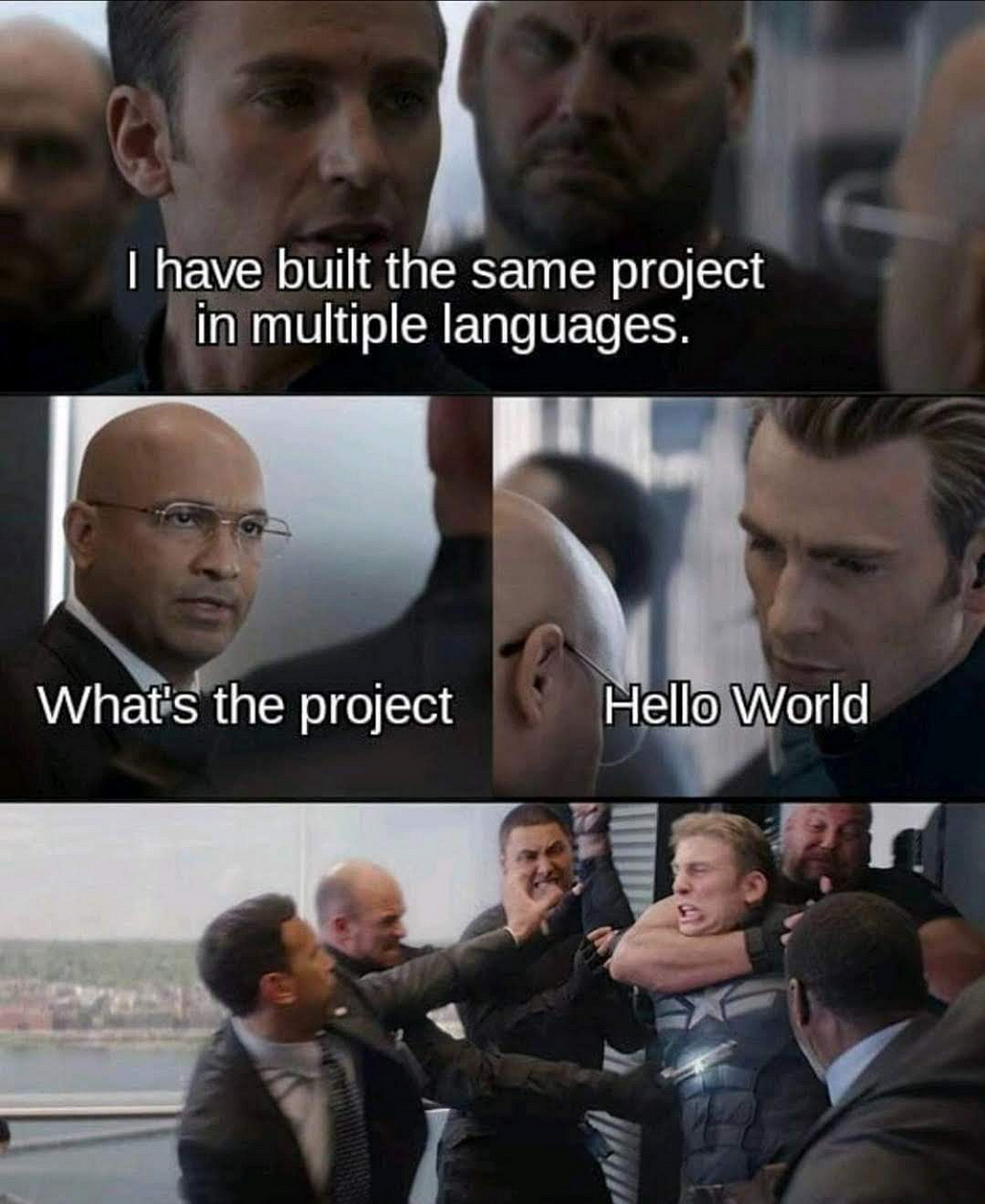 A meme that mocks people that claim to implement the same project across languages but it’s only Hello World