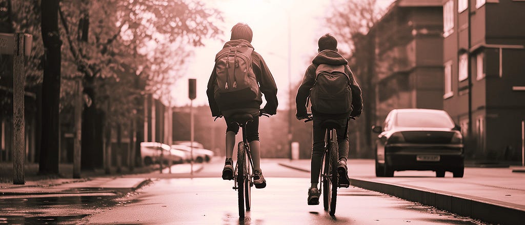Two boys cycle down a street