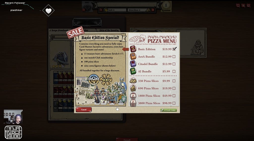 pizza menu for the in-game currency