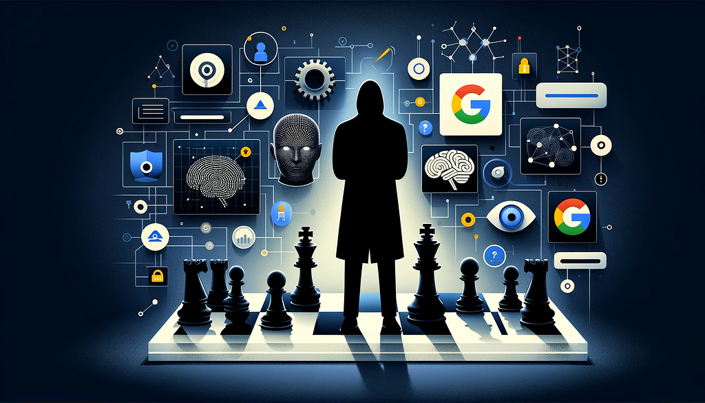 Image symbolizing game-changing AI with a chessboard, AI-themed chess pieces, a shadowy figure, and hints of Google’s colors, emphasizing strategy and innovation.