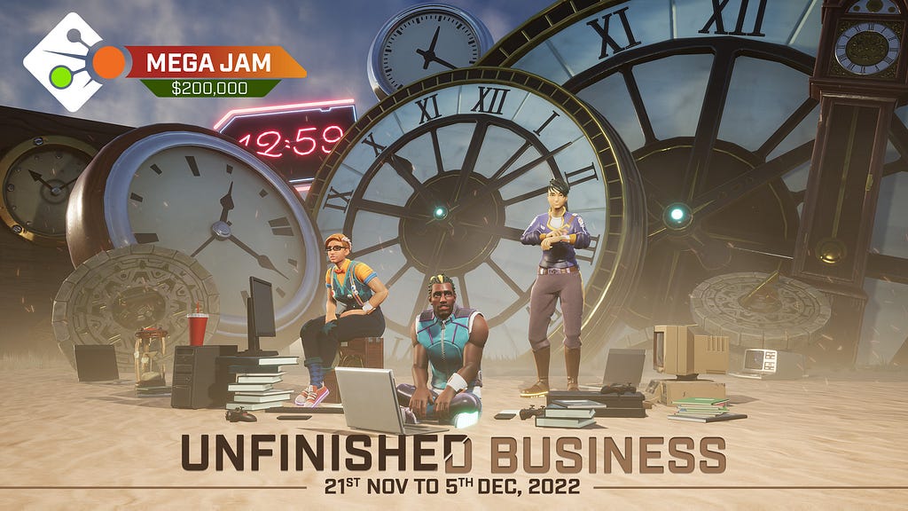 A group of game characters sit and stand around a number of huge clock faces and old computers. They appear to be waiting for something. The caption reads “Unfinished Business”