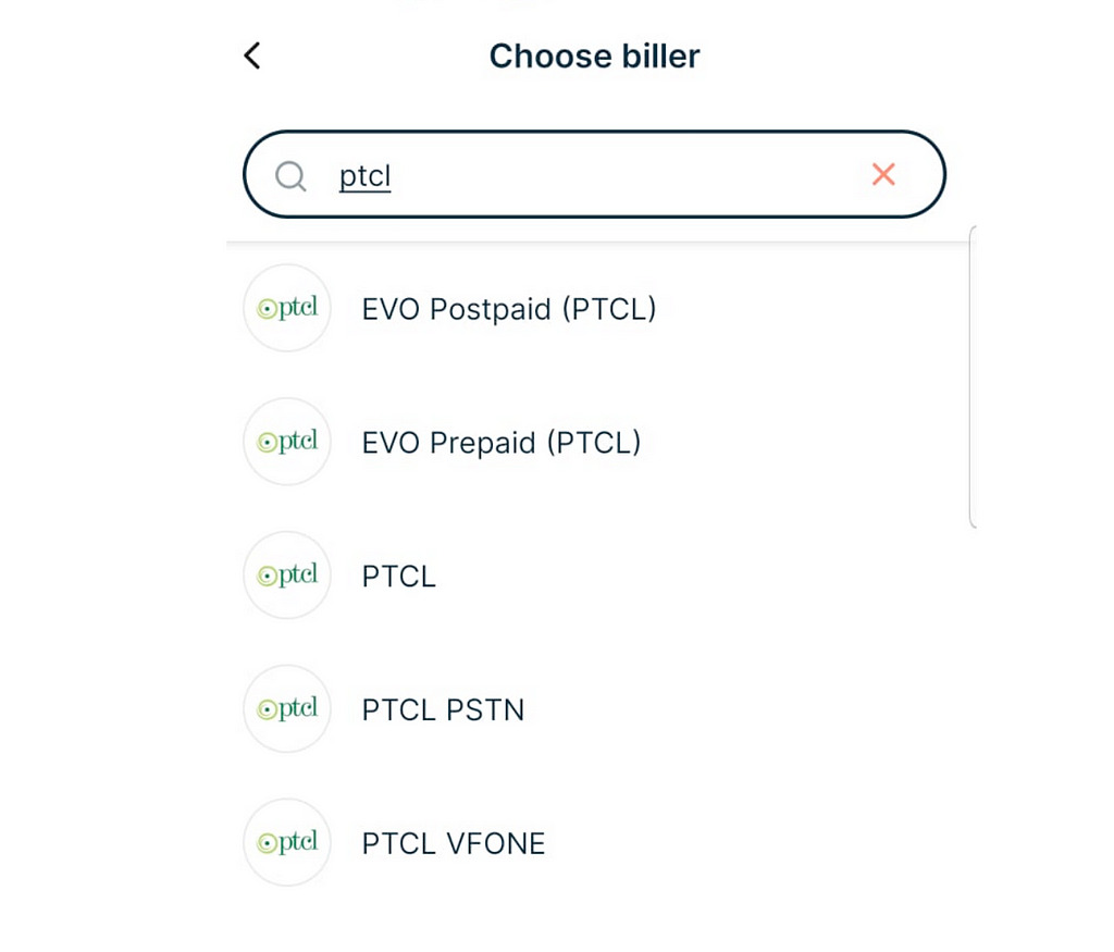 The screen shows the supported PTCL billings in the SadaPay App | From Blog written on SadaPay — Financial freedom, the Sada way by Umer Farooq, CTO MRS Technologies