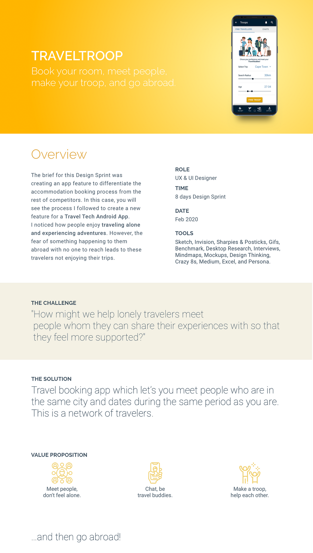 Travel Tech, Design Sprint, Challenge, Value Proposition, Solution, Android, Sketch, Inivsion, gifs, Design Thinking, Mockups