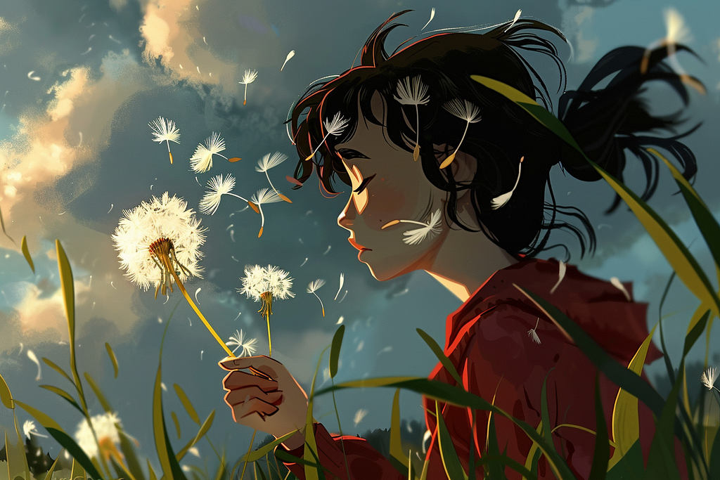 A young girl clutches a dandelion. A breeze blows seeds past her hair. The sky is aglow with sunset or sunrise.