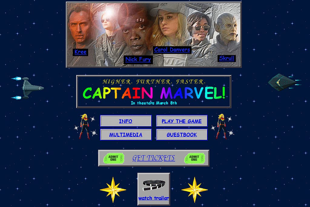 The 1990s themed website of the movie Captain Marvel.